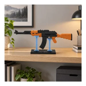 Ferdig bygget AK-47 byggemodell med utstillingsstativ på skrivebord