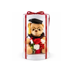 Lysebrun gratulasjonsbamse med blomster i gjennomsiktig gaveeske