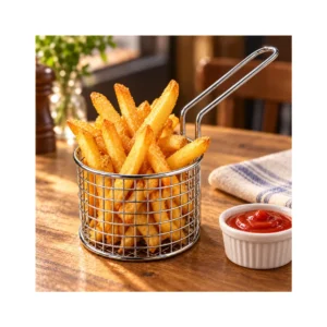 Pommes frites kurv i metall fylt med pommes frites