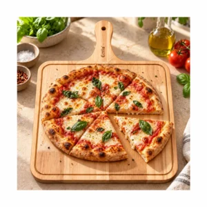 Skjærebrett i tre med håndtak brukt som pizzabrett