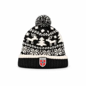 Strikket Norge-lue med elgmønster og dusk i svart og hvitt
