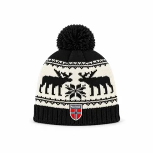 Strikket Norge-lue med elgmønster og dusk i svart og hvitt