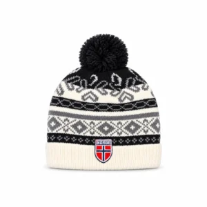 Strikket Norge-lue med vintermønster og dusk i svart grå og hvit