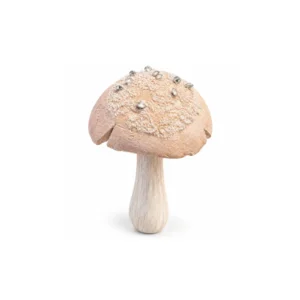 Dekorsopp i tre med lyserosa hatt, glitter, små dekorsteiner og hvit stilk.