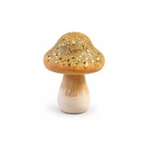 Naturfarget dekorsopp i tre med gullglitter og gullfargede stjerner på hatten.