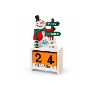 Evighetskalender i tre med snømann og Merry Christmas-skilt, stilt til 24. desember.
