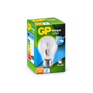 Emballasje til GP Classic dimbar halogenpære E27 46 W, tilsvarende 60 W glødepære.