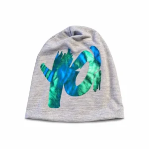 Grå YO! lue med blått og grønt metallic trykk – one size