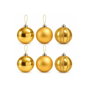 Seks gullfargede julekuler med sølvfargede topper: to blanke, to matte og to med glitterstriper, hvorav fire har opphengstråd.