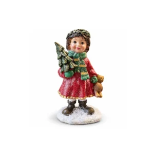 Julefigur – jente med juletre og bamse 12cm