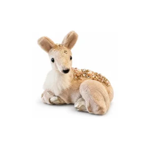 Liggende beige hjort med hvitt brystparti, perler, glitter og gullfargede dekorsteiner.