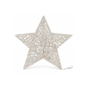 Hvit femspisset adventsstjerne i metall med dekorativt viklet tråd.