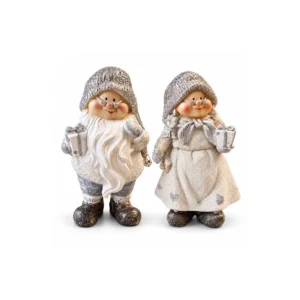 Nissefar og nissemor i hvitt og sølv med runde briller og gavepakker.