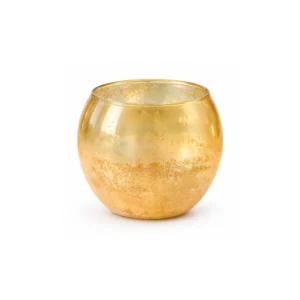 Rund telysholder i glass med gullfarget, uregelmessig mønster og avrundet bolleform, 8 cm høy.