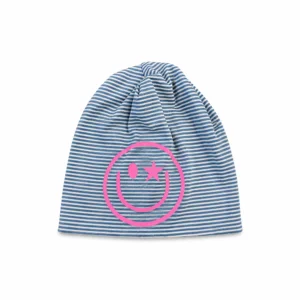 Stripete grå og blå lue med rosa smiley og stjerne – one size
