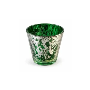 Grønn telysholder i glass med uregelmessig sølvmønster, 8 cm høy.
