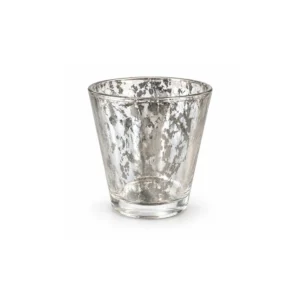 Sølvfarget telysholder i glass med uregelmessig mønster, 8 cm høy.