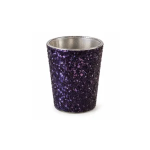 Telysholder i glass med blått og lilla glitter på utsiden, 7 cm høy.