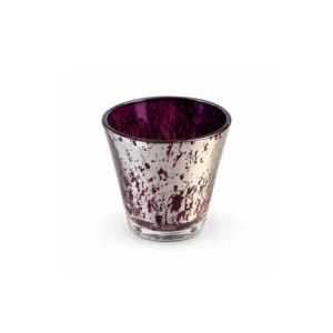 Lilla telysholder i glass med uregelmessig sølvfarget mønster, 7 cm høy.