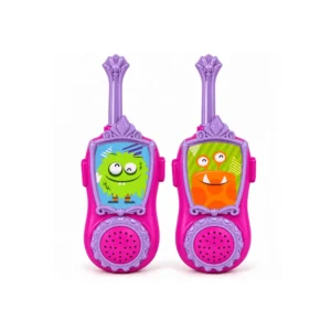 To rosa og lilla walkie-talkier med grønt og oransje monstermotiv på hvit bakgrunn.