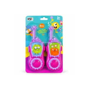 Sett med to rosa og lilla walkie-talkier med monstermotiv i originalemballasje.